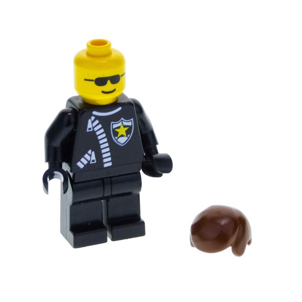 1 x Lego System Figur Mann Classic Town Torso schwarz Polizei Marke Stern Reißverschluss Kopf Sonnenbrille Haare kurz braun für Set 2150 trn043
