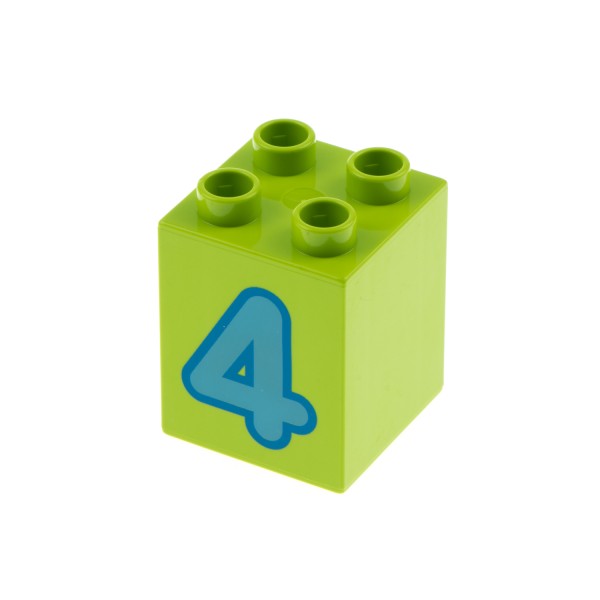 1x Lego Duplo Motiv Bau Stein lime grün 2x2x2 bedruckt Zahl 4 blau 31110pb076