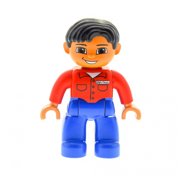 1x Lego Duplo Figur Mann blau Hemd rot Namensschild Verkäufer 47394pb113