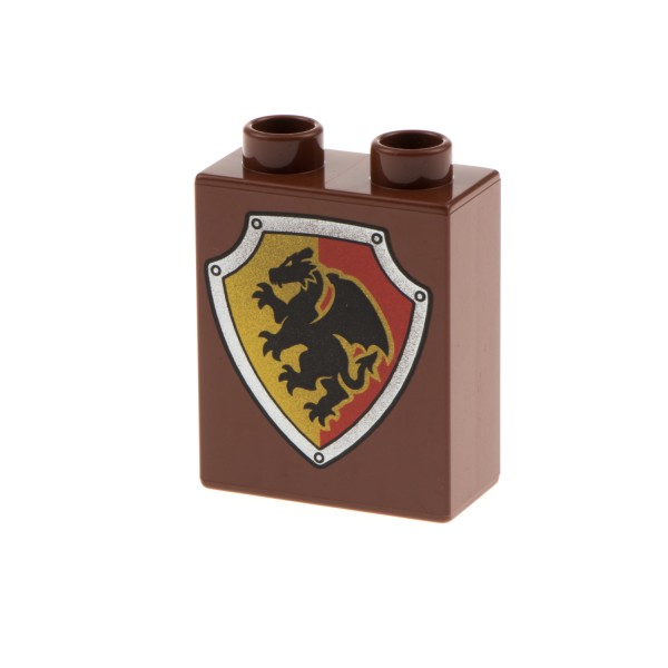 1x Lego Duplo Motiv Stein rot braun 1x2x2 Wappen Schild Drache Burg 4066pb098