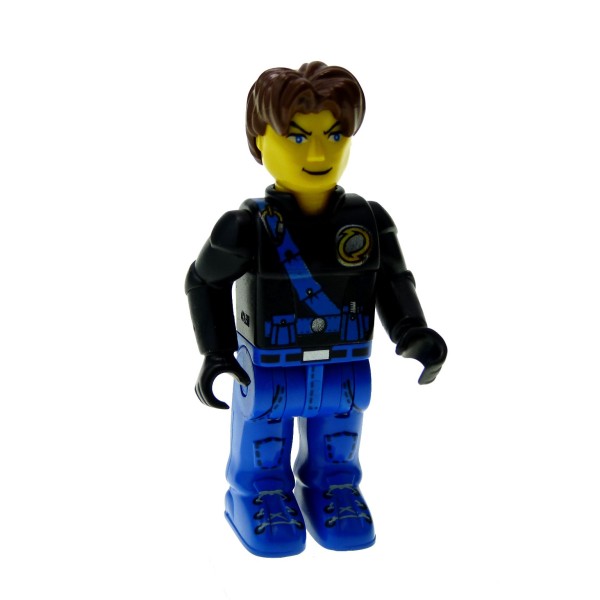 1 x Lego System Figur 4 Juniors Jack Stone Mann Jacke schwarz Schärpe Hose blau Haare braun 4611 js009