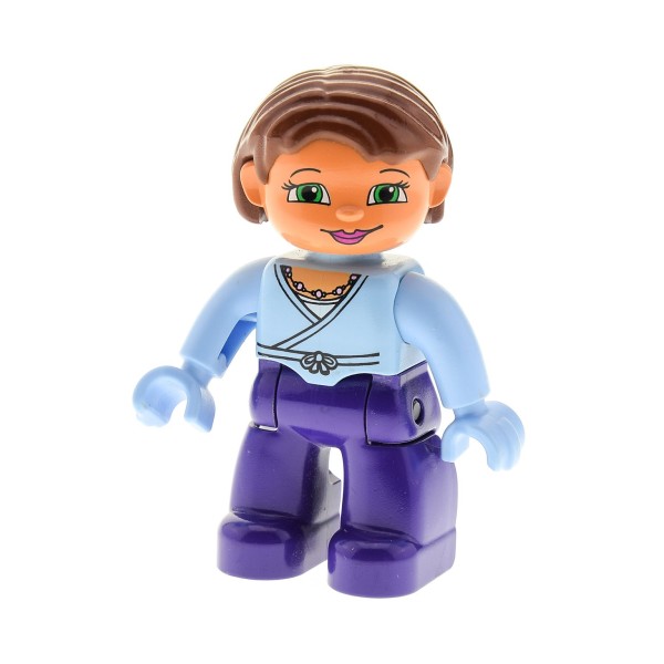 1x Lego Duplo Figur Frau lila Bluse Hände hell blau Augen grün 47394pb040