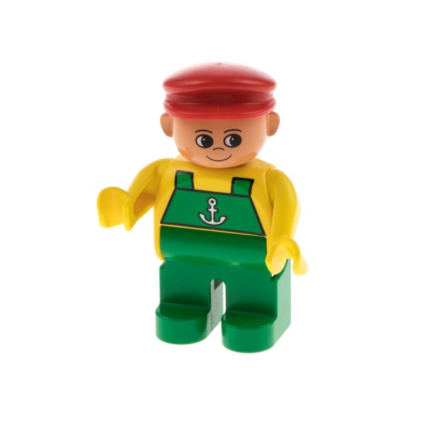 1x Lego Duplo Figur Mann grün Aufdruck Anker Top gelb Mütze rot 4555pb168