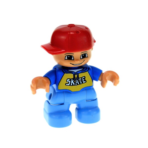 1x Lego Duplo Figur Kind Junge hell blau Skate Aufdruck Basecap rot 47205pb024