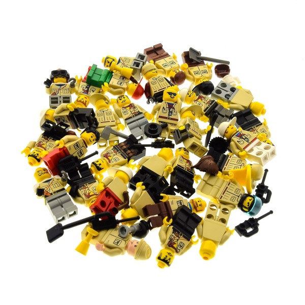 5 x Lego System City Mini Figuren Safari Wüste Desert Abenteurer Entdecker Torso beige tan mit Zubehör Kopfbedeckung zufällig gemischt 