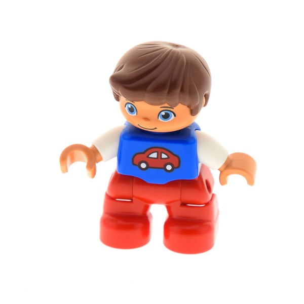 1x Lego Duplo Figur Kind Junge rot Pullover blau Aufdruck Auto 10847 47205pb031