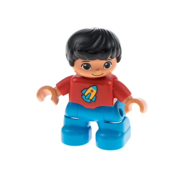 1x Lego Duplo Figur Kind Junge blau Top rot Rakete gelb Haare schwarz 47205pb038