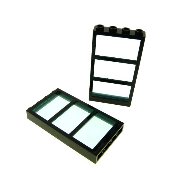 2x Lego Fenster Rahmen 1x4x6 schwarz Scheibe transparent hell blau 6160c03