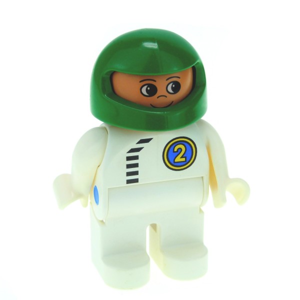 1 x Lego Duplo Figur Mann Rennfahrer Hose weiß Oberteil weiß Overall mit  Nr.2 Voll Helm grün Auto Hubschrauber Pilot Toolo 4555pb068