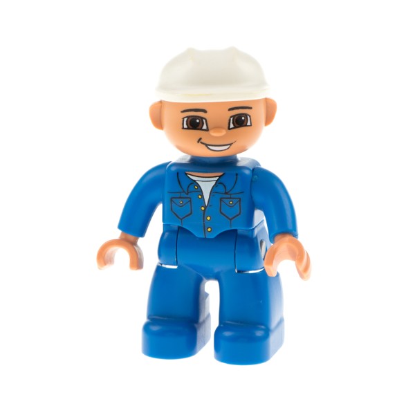 1x Lego Duplo Figur Mann blau Augen braun Helm weiß Bauarbeiter 47394pb105