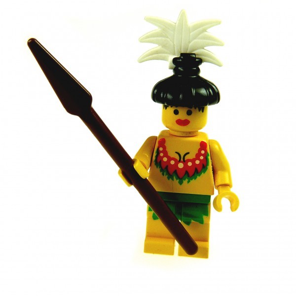 1 x Lego System Figur Insulaner gelb grün Frau Insel Bewohner Piraten Eingeborene mit Speer Set 1733 6246 6236 6256 pi066a