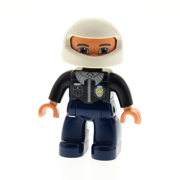 1x Lego Duplo Figur Mann dunkel blau schwarz Polizist Helm weiß 47394pb024