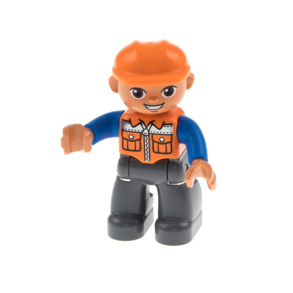 1x Lego Duplo Figur Mann grau Bauarbeiter Helm orange 47394pb156a