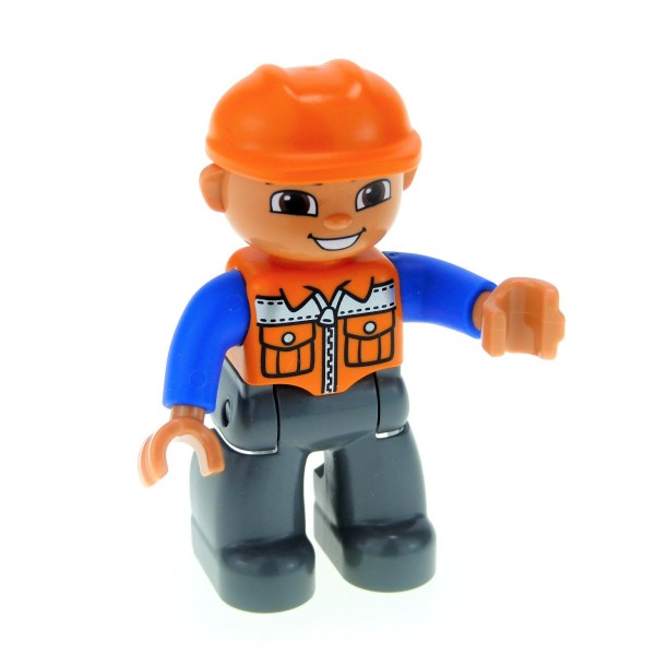 1x Lego Duplo Figur Mann grau Bauarbeiter orange blau Helm 47394pb156