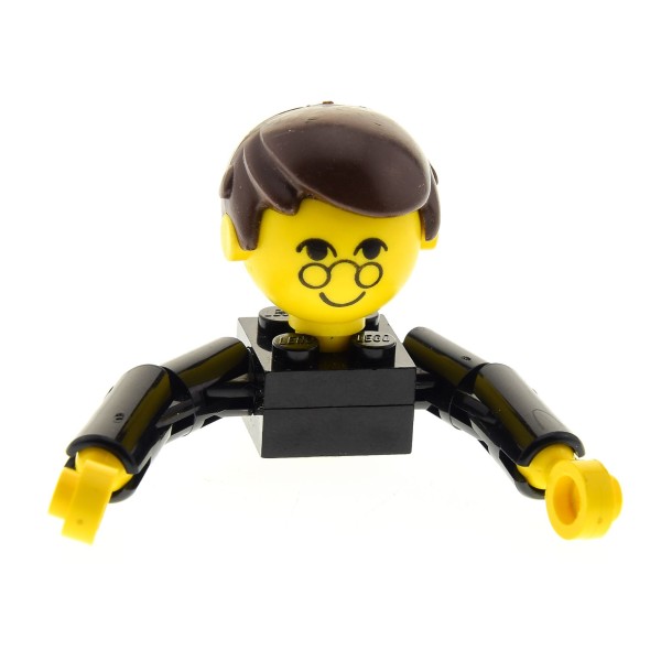 1 x Lego System Homemaker Großkopf Figur Mann Vater Opa Lehrer Kind Junge Torso schwarz Gesicht mit Brille Arme lang Haare kurz mit extra Halter 685px2c01