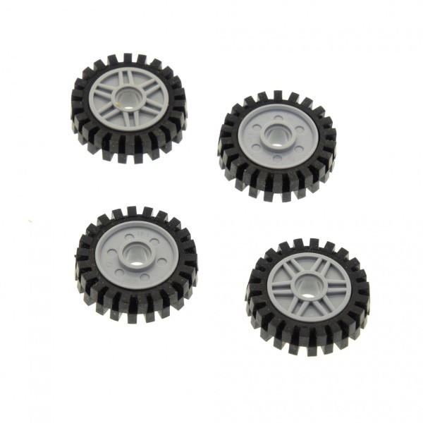 4 x Lego System Rad Räder Reifen schwarz Felge neu-hell grau 18mm D.x8mm angedeutete Schrauben flache Speichen (56902 / 3483) 56902c02