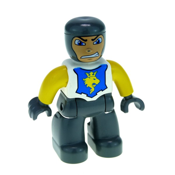 1 x Lego Duplo Figur Mann B-Ware abgenutzt Ritter Hose dunkel grau Oberteil weiss gelb mit Löwen Kopf Krone Hände neu-dunkel grau 47394pb005