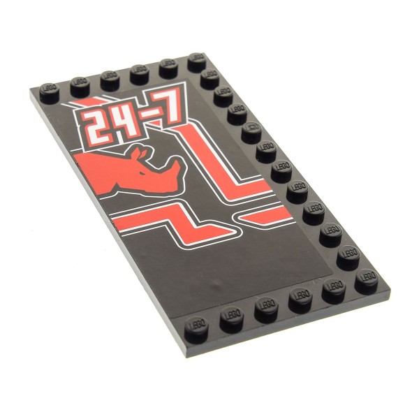 1 x Lego System Bau Platte schwarz 6 x 12 Fliese mit Noppen am Rand 6x12 mit 24-7 Nashorn rot Aufkleber Seiten verkehrt Set Tow Truck 8285 6178pb003