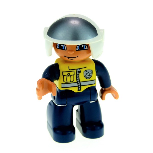 1x Lego Duplo Figur Mann dunkel blau Polizist Weste gelb Helm 47394pb138