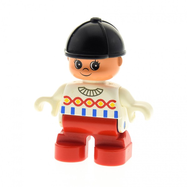 1x Lego Duplo Figur Kind Mädchen rot Pullover weiß Reiterin Reit Kappe 6453pb014