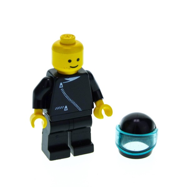 1 x Lego System Figur Mann Rennfahrer Classic Town Torso schwarz Reißverschluss Motorrad Helm schwarz transparent hell blau zip003