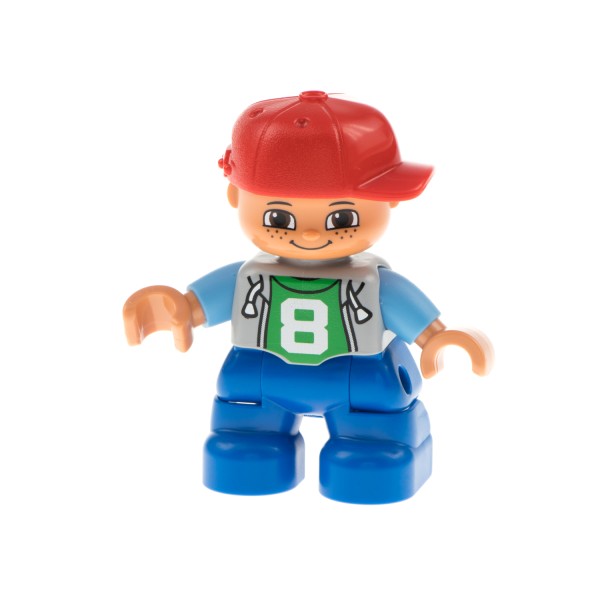 1x Lego Duplo Figur Kind Junge Hose blau Jacke grau ´8´ Aufdruck 47205pb026