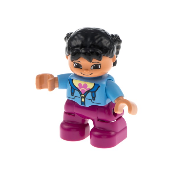 1x Lego Duplo Figur Kind Mädchen magenta Jacke blau Zöpfe schwarz 47205pb035