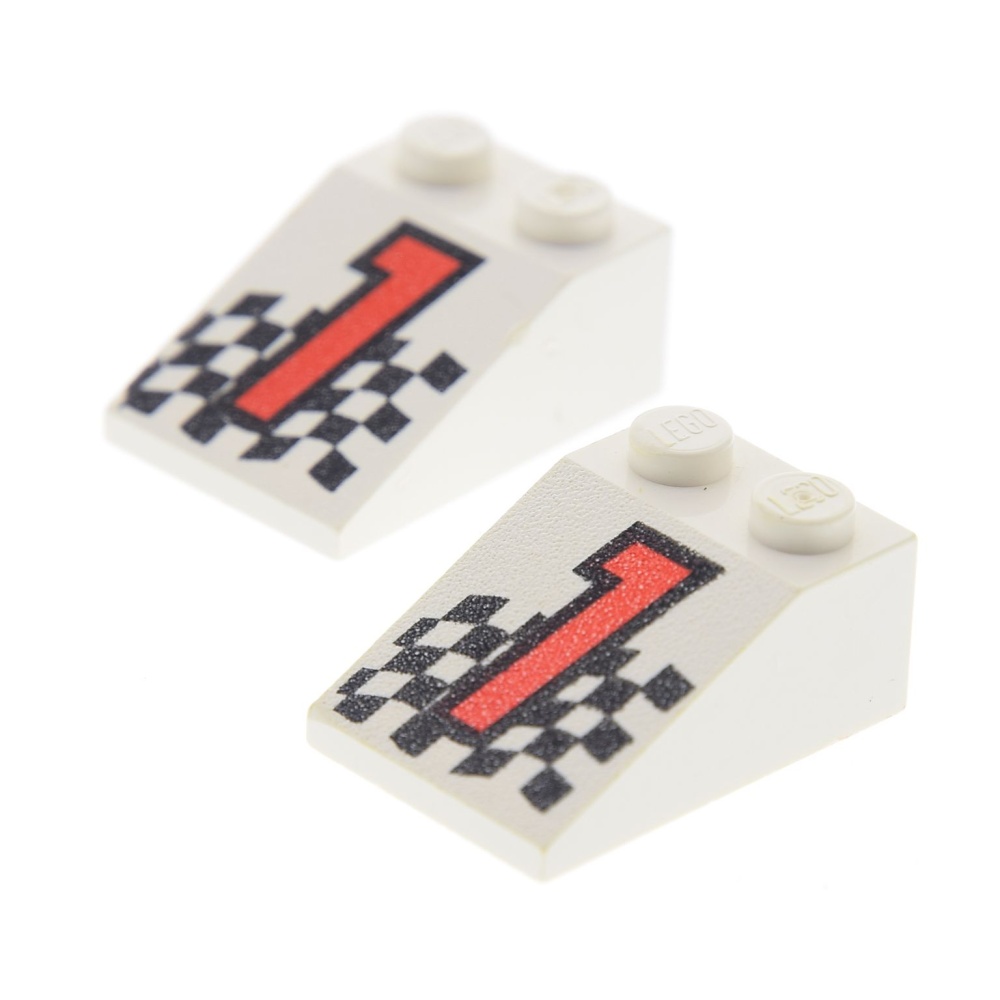2 x Lego System Dachstein White 33 ° 3x2 printed red with number 1 Flag Black